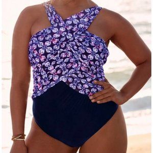 NEW Swimsuits For All High Neck Wrap One Piece Swimsuit Purple Tie Dye Sz 26